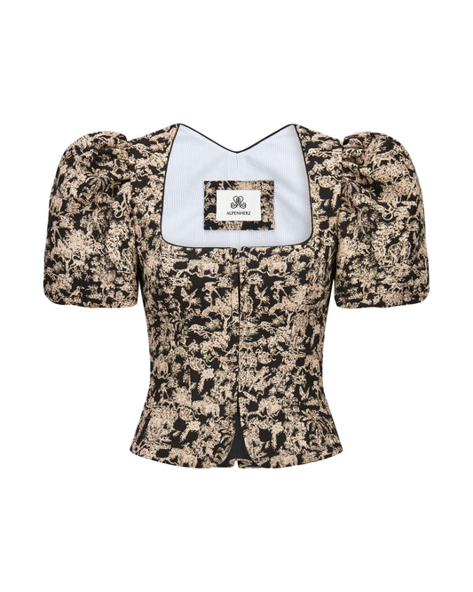 Tracht Mieder mit abnehmbarem Puffarm in floralem Muster von vorne.